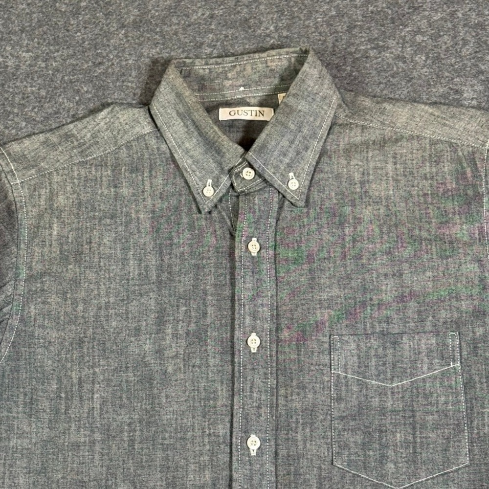 Gustin Mens Grey Chambray Button Down Shirt Size Medium Made in USA Lux Workwear